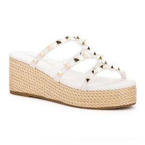 Olivia Miller Womens Gold Sands Studded Wedge Slide Sandals